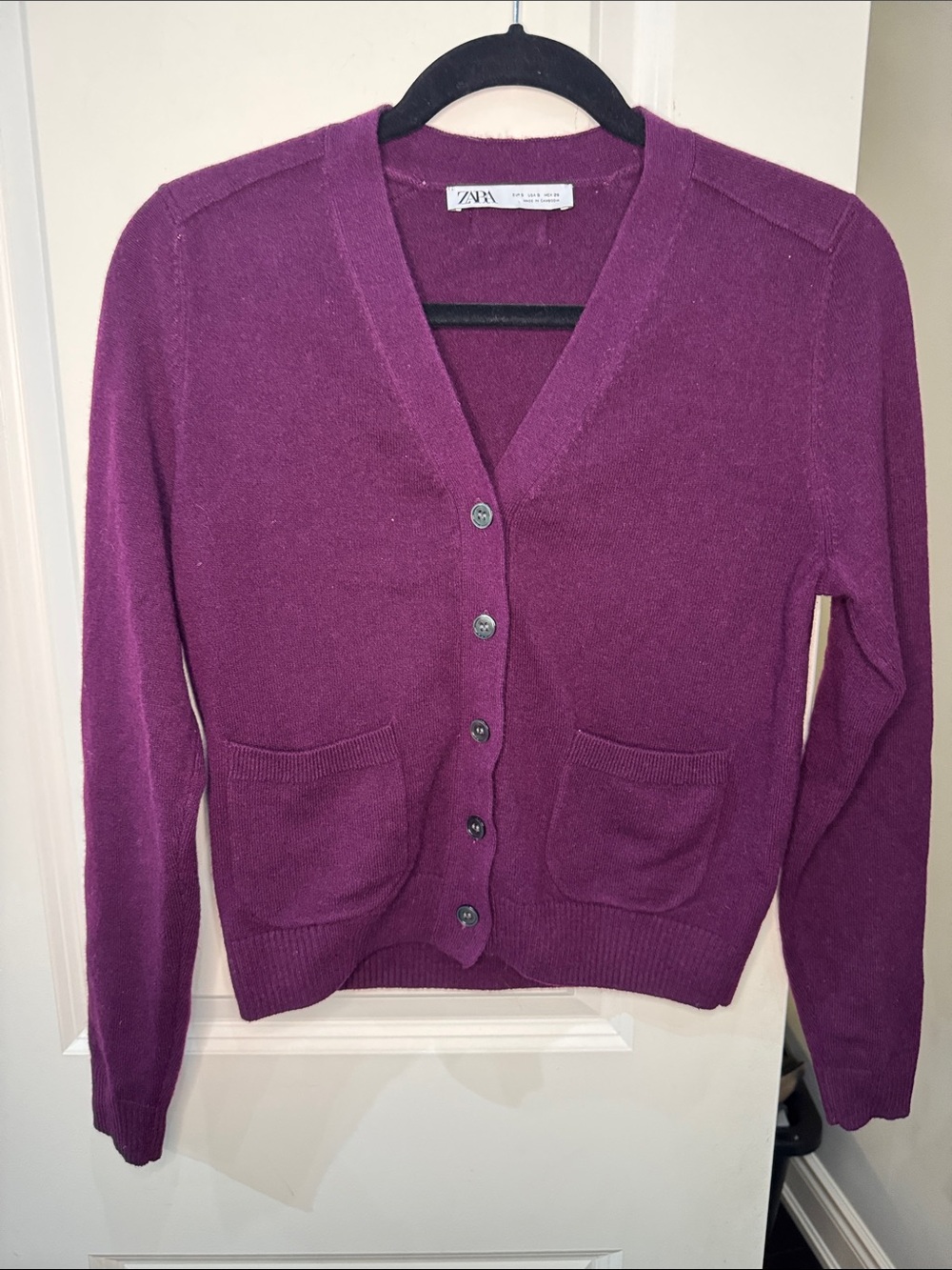 Zara Plum V-Neck Button Pocket Wool Cardigan